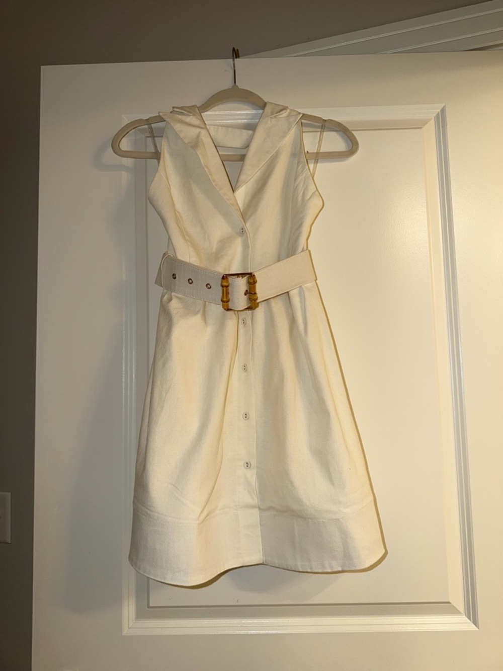 Sleeveless Cream Button-Front Belted Dress